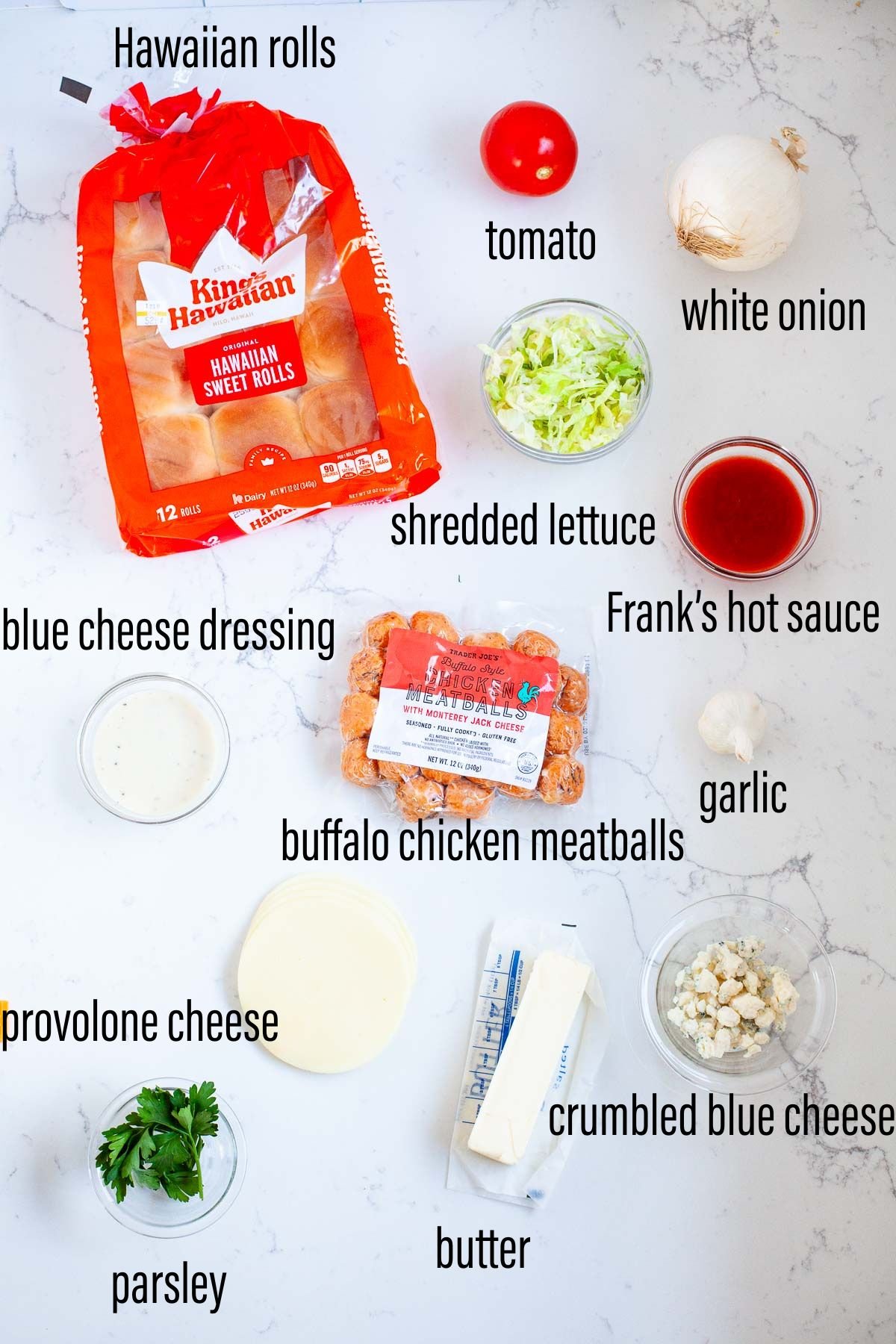 graphic for ingredients for buffalo chicken meatballs with text overlay on marble surface